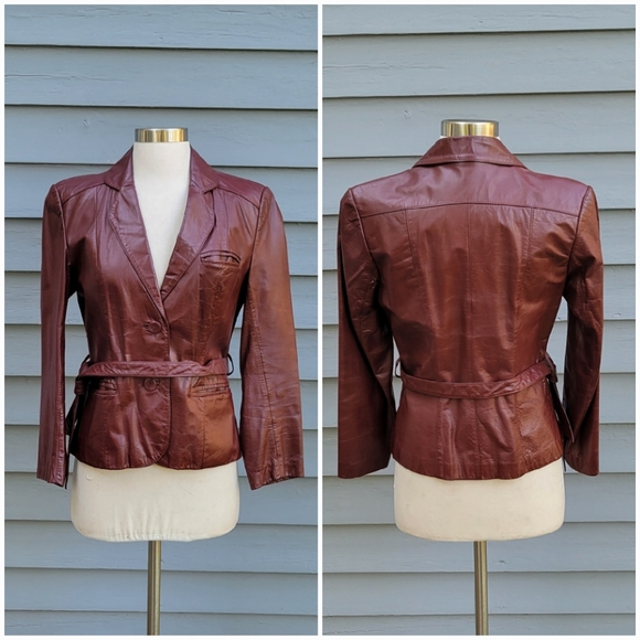 Vintage 70s Oxblood Burgundy Red Leather Belted Midi Trench Coat Peacoat 6 - Picture 1 of 7